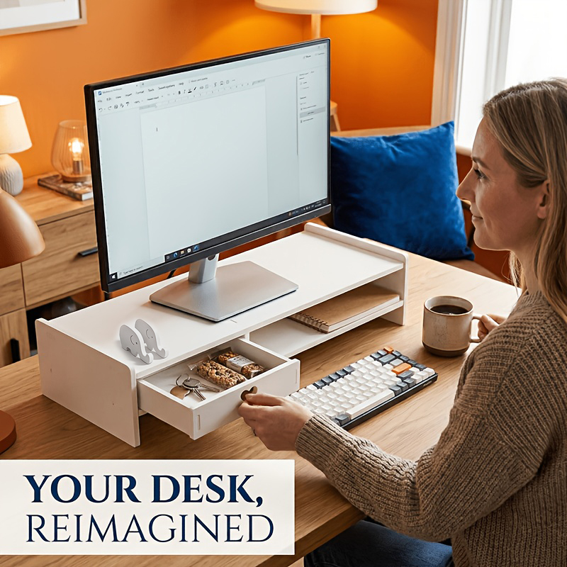 Desk Setup Home Office - Minimalist White PVC Monitor Stand Riser