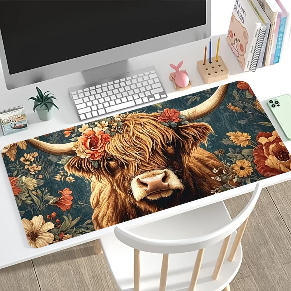 Desk Setup Laptop And Pc - Vintage Highland Cow Floral Gaming Mouse